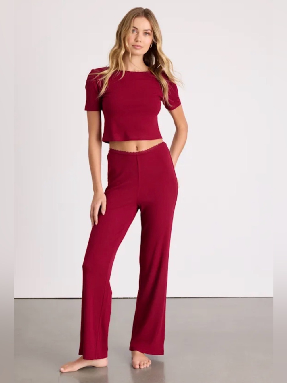 NWT Lulu's Burgundy Ribbed Knit Cropped Top and Wide-Leg Lounge Pants Set - XS